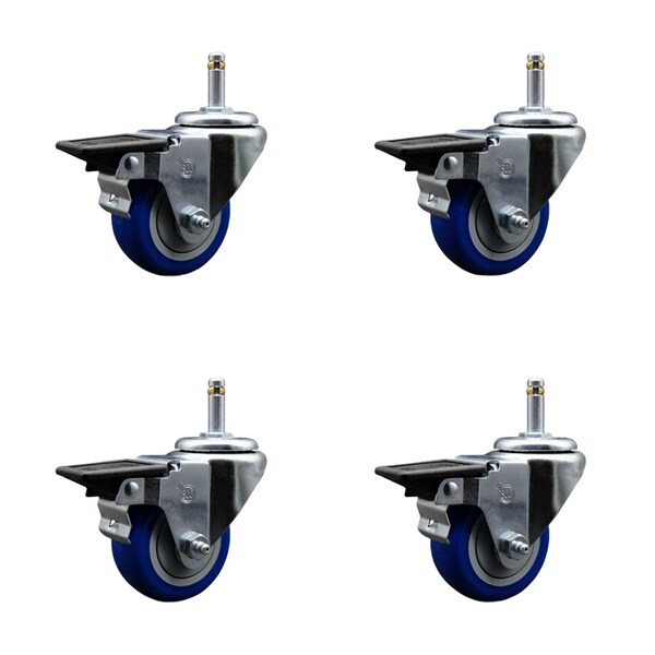 Service Caster 3'' Blue Poly Swivel 7/16'' Grip Ring Stem Caster Set with Brake, 4PK SCC-GR20S314-PPUB-BLUE-PLB-716138-4 - main